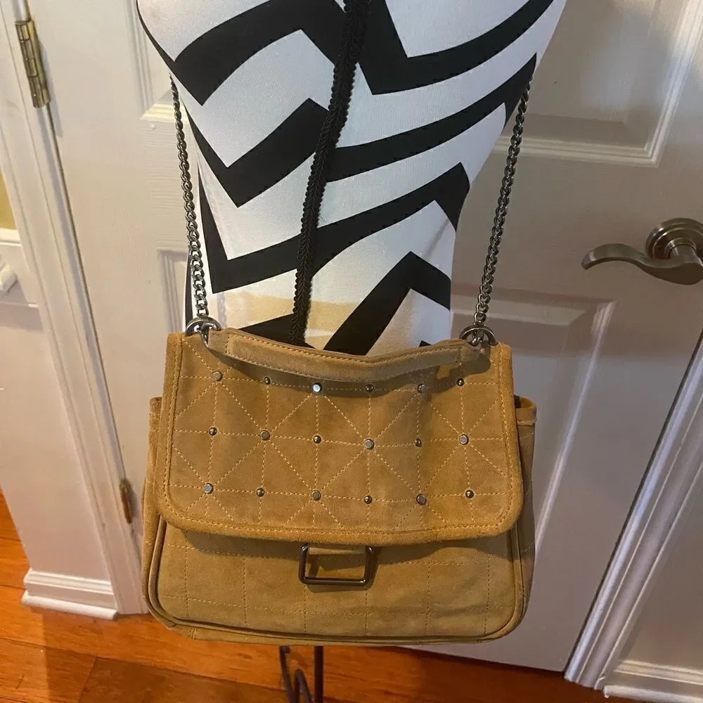 Zara leather suede Khaki quilted stitching & silver studs accents crossbody bag